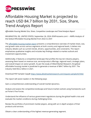 Affordable Housing Market is projected to reach USD 84.7 billion by 2031