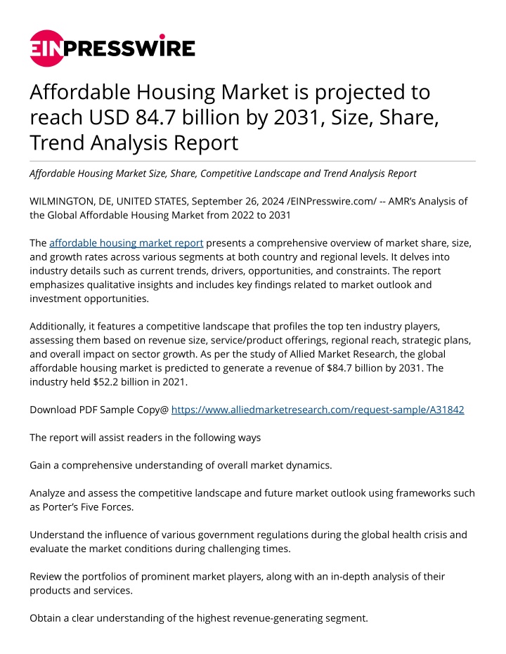 affordable housing market is projected to reach