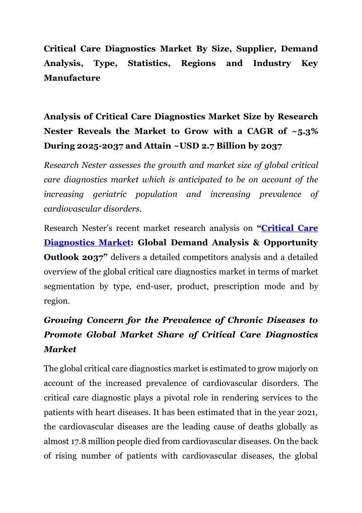 critical care diagnostics market by size supplier