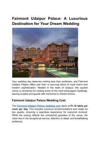 Fairmont Udaipur Palace A Luxurious Destination for Your Dream Wedding