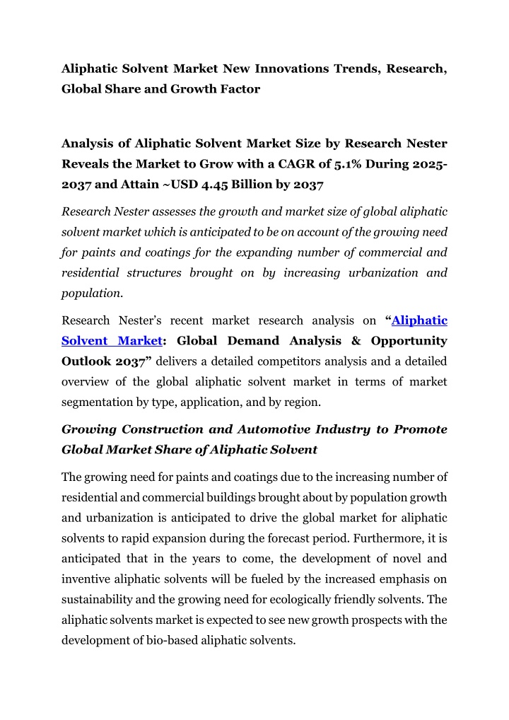 aliphatic solvent market new innovations trends