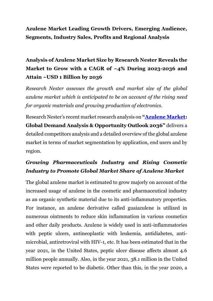 azulene market leading growth drivers emerging