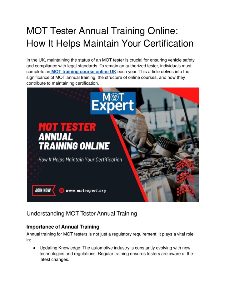 mot tester annual training online how it helps maintain your certification