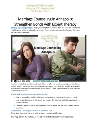 Marriage Counseling in Annapolis- Strengthen Bonds with Expert Therapy