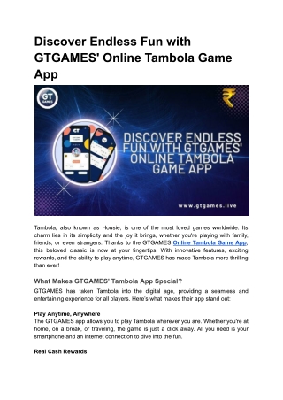 Discover Endless Fun with GTGAMES' Online Tambola Game App