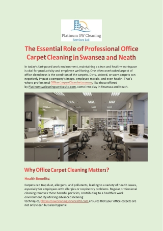 The Essential Role of Professional Office Carpet Cleaning in Swansea and Neath