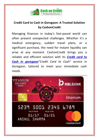 Credit Card to Cash in Goregaon A Trusted Solution by CashonCredit