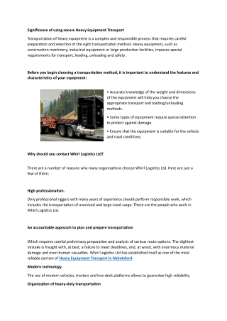 Heavy Equipment Transport in Lower Mainland, Vancouver Island, Langley and Abbot