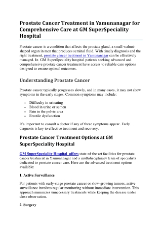 Prostate Cancer Treatment in Yamunanagar for Comprehensive Care at GM SuperSpeciality Hospital