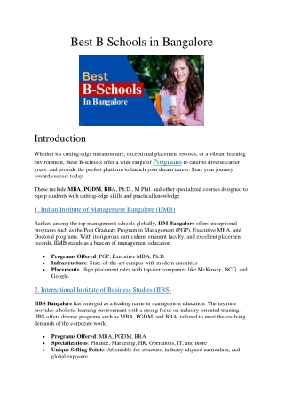 Best B Schools in Bangalore