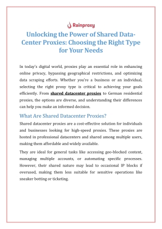 Rainproxy: Empowering You with Shared Datacenter Proxy Solutions