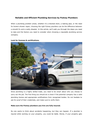 Reliable and Efficient Plumbing Services by Putney Plumbers