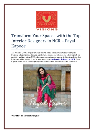 Transform Your Spaces with the Top Interior Designers in NCR – Payal Kapoor