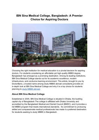 IBN Sina Medical College, Bangladesh: A Premier Choice for Aspiring Doctors