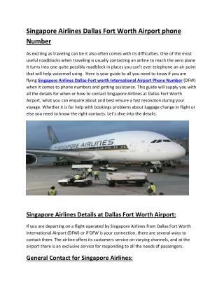 Singapore Airlines Dallas Fort Worth Airport phone Number