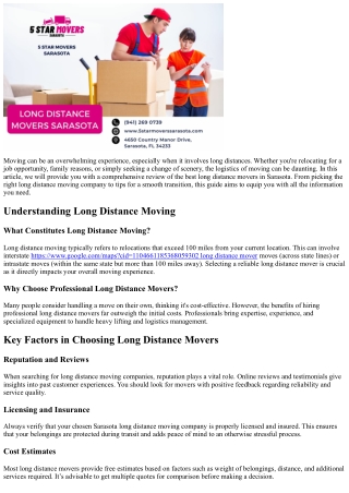 A Comprehensive Review of the Best Long Distance Movers in Sarasota