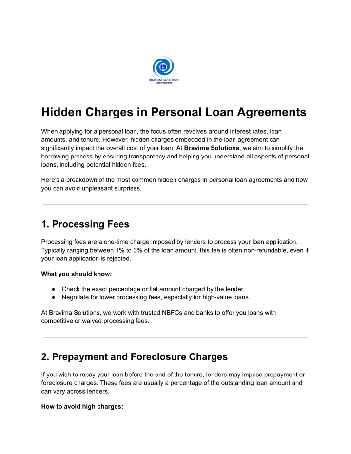 hidden charges in personal loan agreements