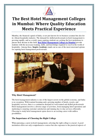 Best Hotel Management Colleges in Mumbai - Inspire Academy