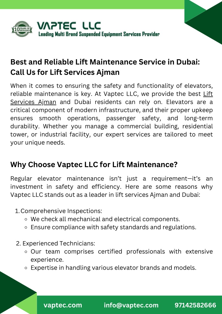 best and reliable lift maintenance service