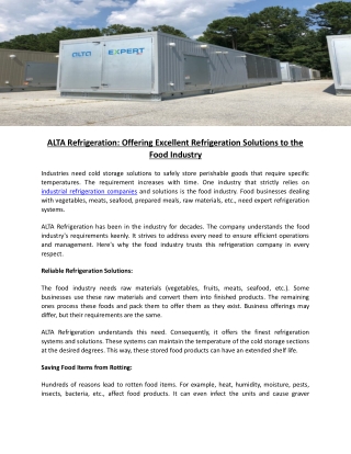 ALTA Refrigeration Offering Excellent Refrigeration Solutions to the Food Industry