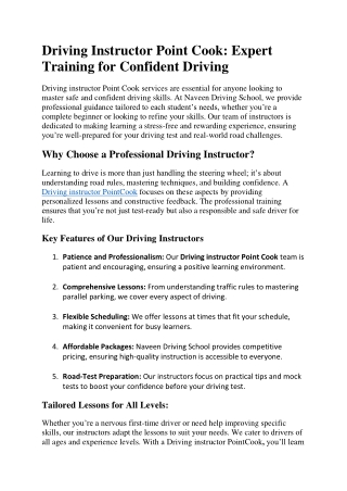 Driving Instructor Point Cook: Expert Training for Confident Driving