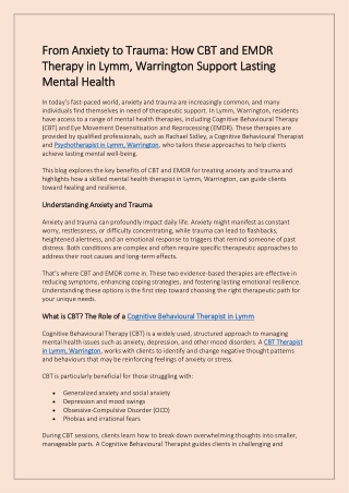From Anxiety to Trauma How CBT and EMDR Therapy in Lymm, Warrington Support Lasting Mental Health