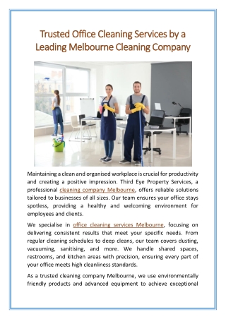 Trusted Office Cleaning Services by a Leading Melbourne Cleaning Company