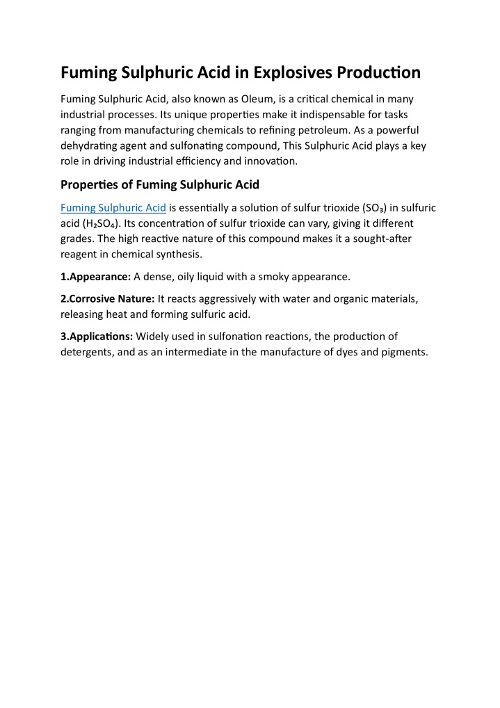 fuming sulphuric acid in explosives production