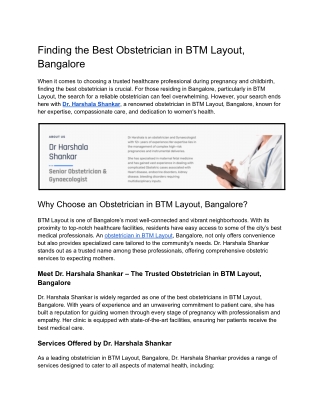 Finding the Best Obstetrician in BTM Layout, Bangalore