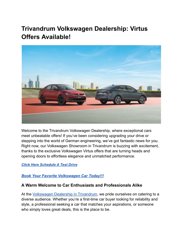 trivandrum volkswagen dealership virtus offers