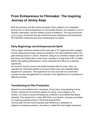 From Entrepreneur to Filmmaker: The Inspiring Journey of Jimmy Asija