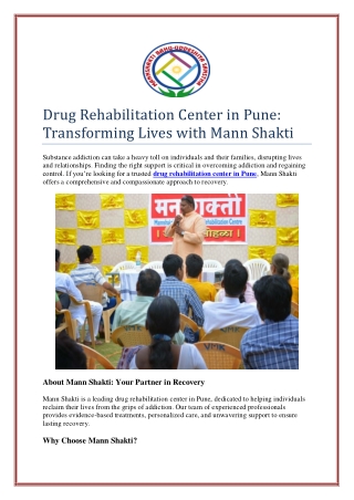 Drug Rehabilitation Center in Pune: Transforming Lives with Mann Shakti