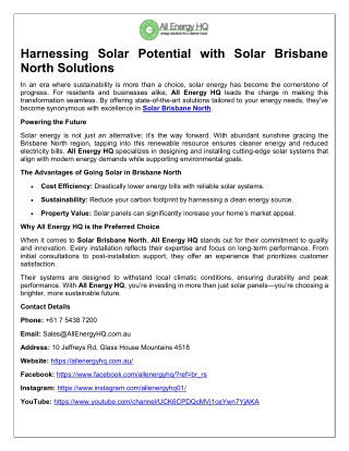 Harnessing Solar Potential with Solar Brisbane North Solutions