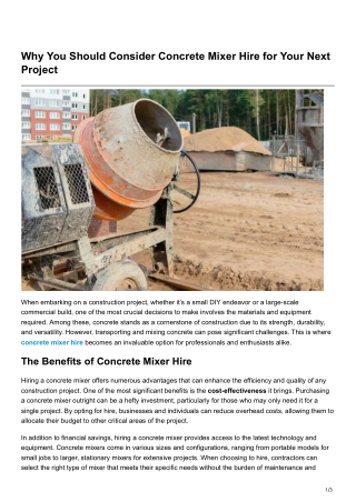 Why You Should Consider Concrete Mixer Hire for Your Next Project