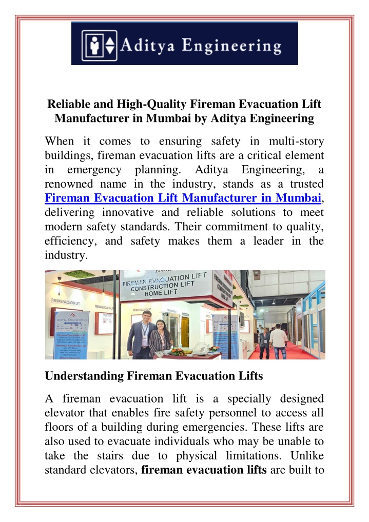 reliable and high quality fireman evacuation lift