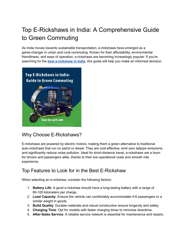 Ppt Top E Rickshaws In India A Comprehensive Guide To Green