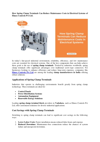 How Spring Clamp Terminals Can Reduce Maintenance Costs in Electrical Systems of