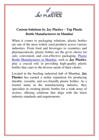 Custom Solutions by Jay Plastics  Top Plastic Bottle Manufacturers in Mumbai