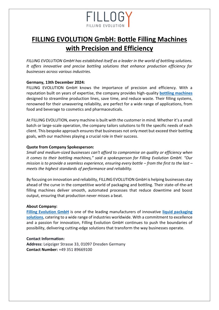 filling evolution gmbh bottle filling machines