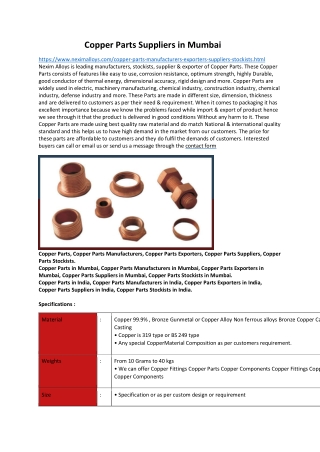 Copper Parts Suppliers in Mumbai