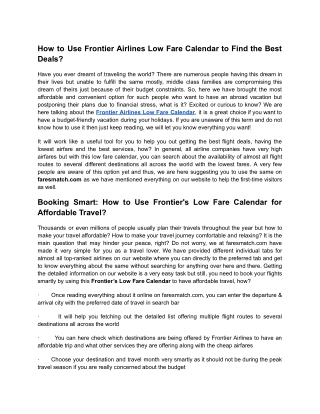 Frontier Airlines Low Fare Calendar