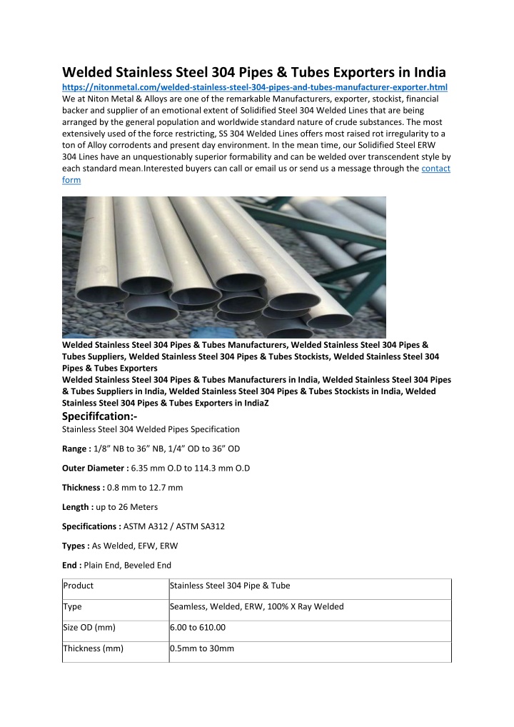 welded stainless steel 304 pipes tubes exporters