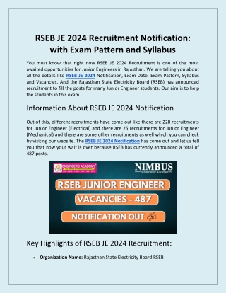 rseb je 2024 recruitment notification with exam