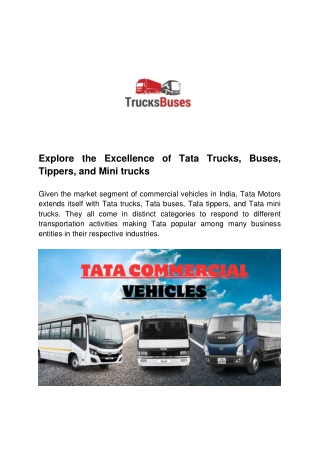 Explore the Excellence of Tata Trucks, Buses, Tippers, and Mini trucks