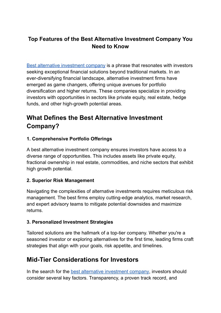 top features of the best alternative investment