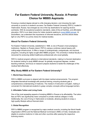 Far Eastern Federal University, Russia: A Premier Choice for MBBS Aspirants