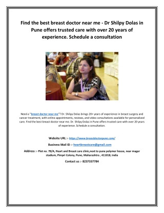 Find the best breast doctor near me - Dr Shilpy Dolas in Pune offers trusted care with over 20 years of experience. Sche