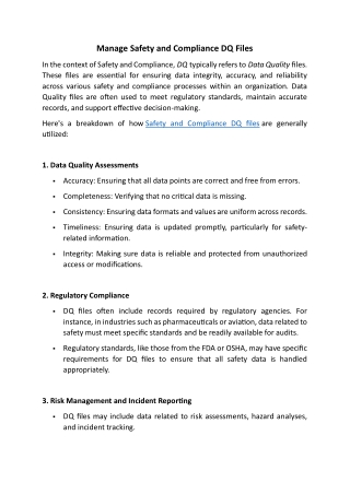 Manage Safety and Compliance DQ Files