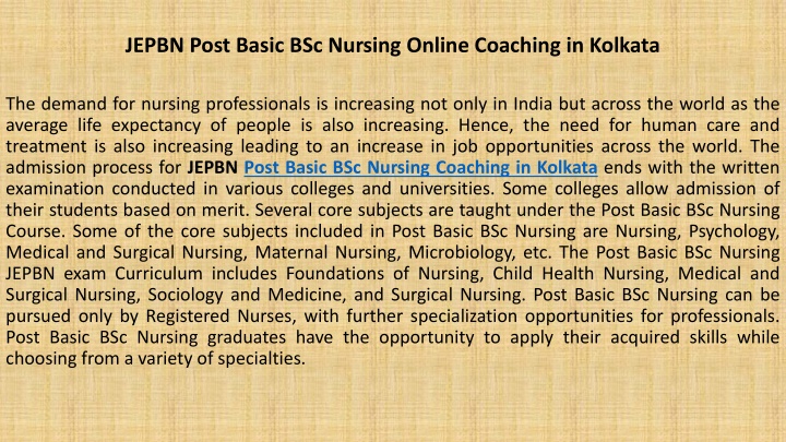 jepbn post basic bsc nursing online coaching in kolkata