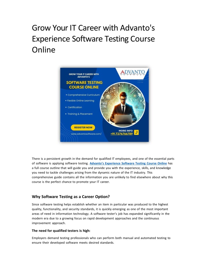 grow your it career with advanto s experience software testing course online